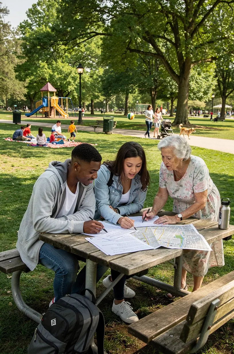 Группа туристов с картами и наборами подсказок исследует исторический город в США.